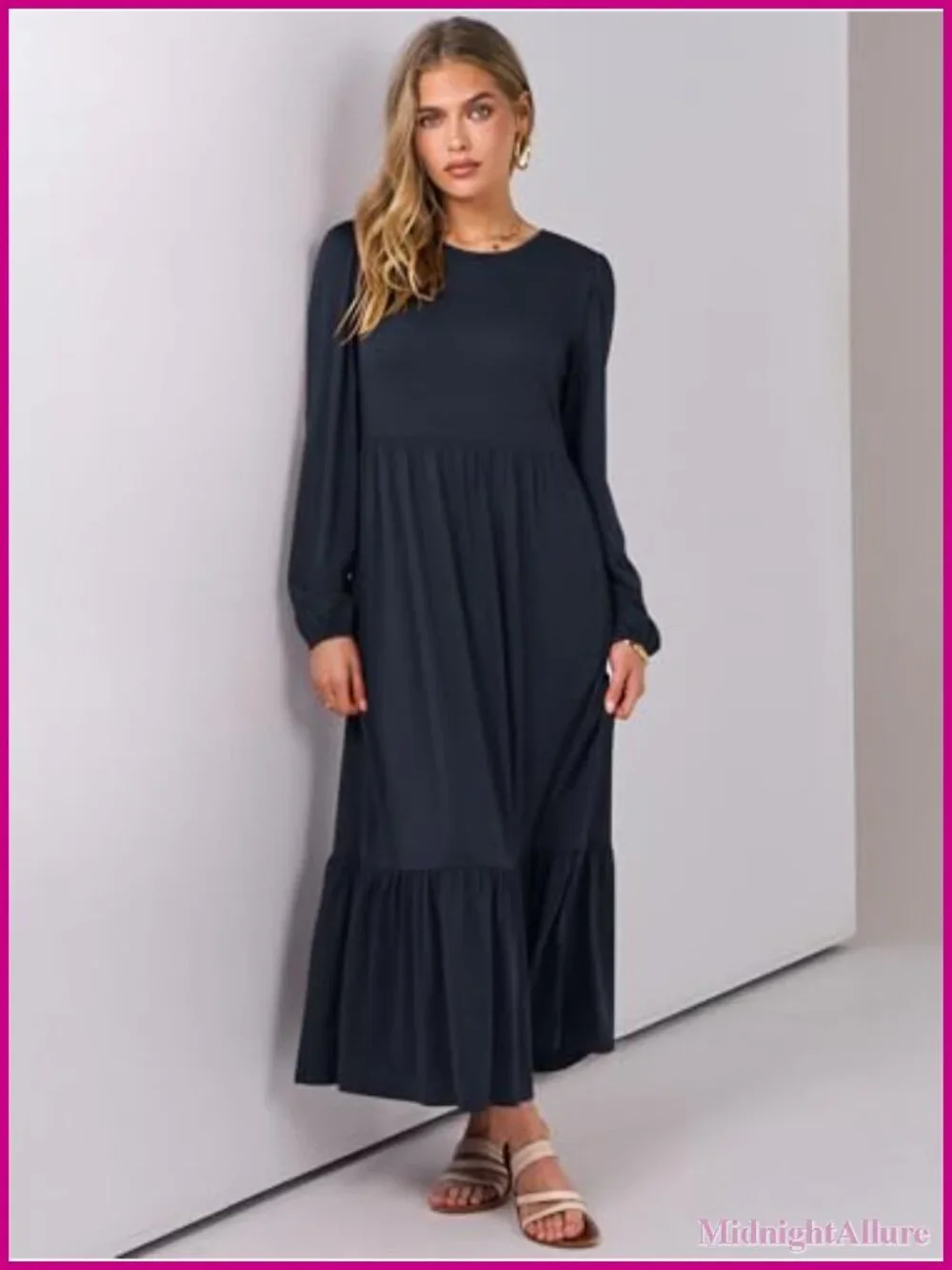 Flowy Tiered Midi Dress Long Sleeve A-Line Cotton Blend with Pockets